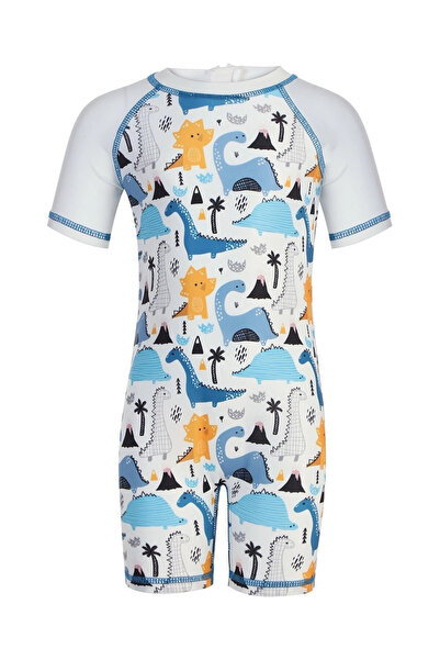 Adasea Dinosaur Patterned White Baby Swimsuit Jumpsuit