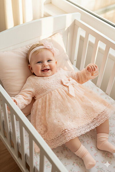 Miniday Baby فستان مولودة بناتي مزين بالدانتيل والباندانا