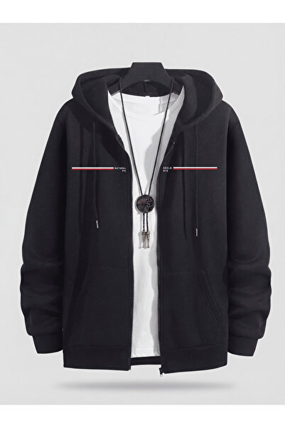 NİCE سترة بغطاء للرأس ذات خط رفيع وسحاب للرجال من باريس باللون الأسود