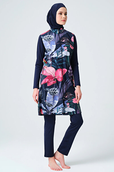 ALFASA 23430 ملابس السباحة الحجاب الأزرق - نمط الطبيعة، مغطاة بالكامل