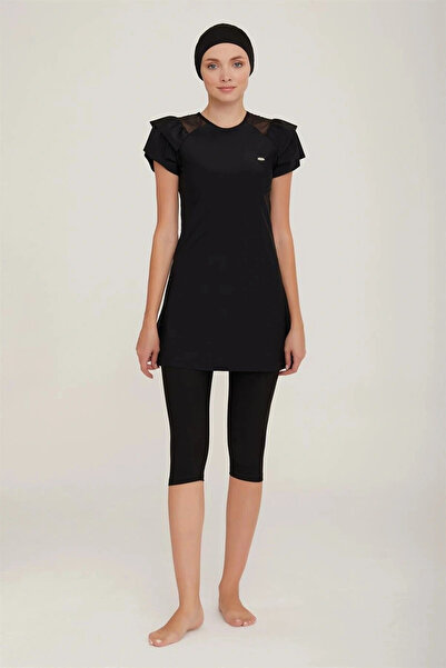 Adasea Women's Semi Covered Hijab Swimsuit Short Sleeve 3205 Black