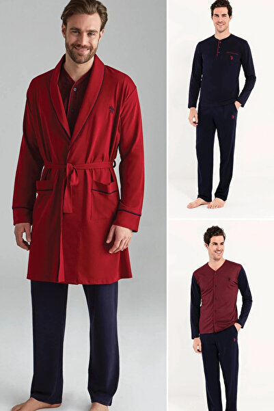 U.S. Polo Assn. Erkek Bordo 2 Uzun Kollu Pijama + 1 Sabahlık