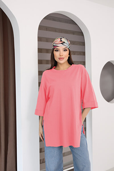 MOVİMENT Kadın Standart Beden Duble Kol Yandan Yırtmaçlı Pembe T-shirt