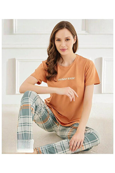 Mihra Women's Cycling Collar Mi̇lan Lycra Short Sleeve Pajama Set 50107Tile - 1 Piece