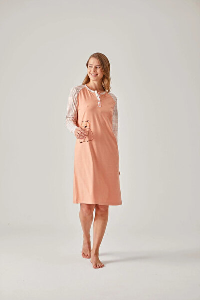 Pamuk & Pamuk Γυναικείο νυχτικό Modal Cotton - Πορτοκαλί ρίγες και μανίκια Raglan