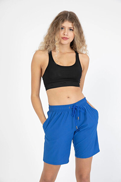 Miami Beach Costum de baie pentru femei de mărime mare, albastru, culoare uni, cu uscare rapidă, costum de baie, pantaloni scurți de baie cu două buzunare laterale