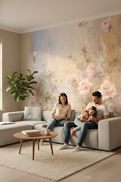 dreamwall Pastel Gül Desenli Yağlı Boya Efektli Romantik Tekstil Duvar Kağıdı