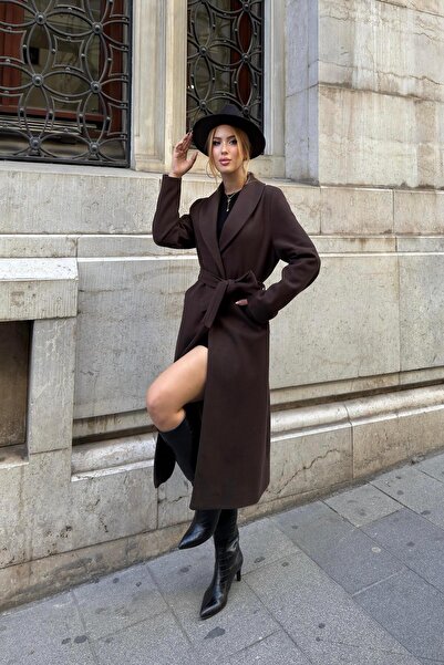 Angel Mia Kuşaklı Kaşe Kaban Kahverengi