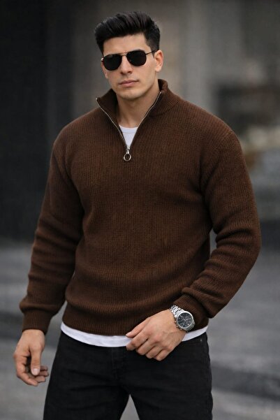 Quafash Half Zipper Mock Neck Corded Fabric Casual Sweater-Men's Brown Knitwe...