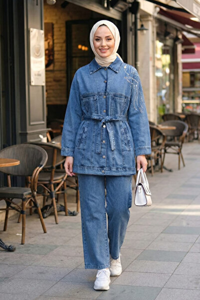 Hb Harma Time Butik Women's Belted Stone Embroidered Denim Blue Two-Piece Set