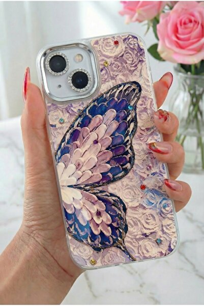 Fibaks iPhone 15 Kılıf Renk Geçişli Taşlı Kamera Lens Korumalı Simli Mor Kele...