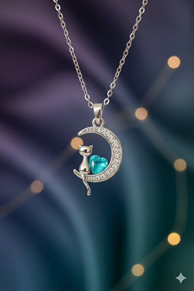 NAS fashion Kadın Taş Detaylı Kedi Figürlü Hilal Kolye – Paslanmaz Çelik