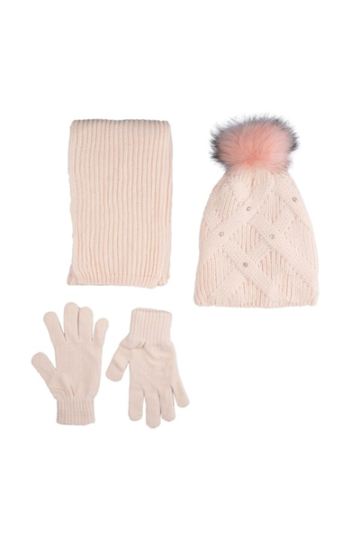 Kitti Garson Ponponlu Taşlı Atkı Bere Eldiven Set Açık Pembe Kız