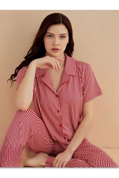 Mihra Yumuşak Dokulu Milan Kumaş Kadın Önden Düğmeli Çizgili Pijama Takımı