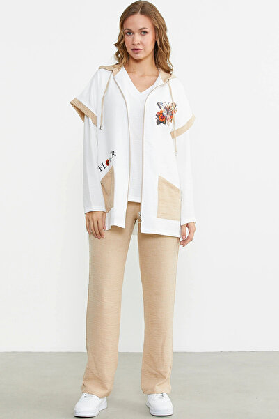 Sementa Keten Görünümlü Rahat Kalıp Üçlü Takım - Bej