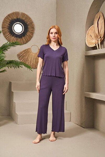 PJS 25109 Set pijamale cu mâneci scurte cu decolteu în V pentru femei