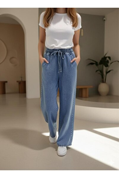 BEES JEANS بنطلون جينز نسائي من Palazzo ذو أرجل واسعة وجيوب ورباط وخصر مطاطي ...