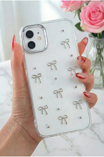 Fibaks Apple iPhone 11 Kılıf Fiyonk Desenli Şeffaf Simli Gümüş Kamera Çıkıntılı Parlak Kapak