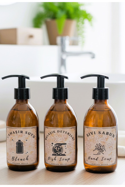 JUIWI 3lü Set Vintage Amber Cam Boş Şişe Bulaşık Deterjanlık Çamaşır Suyu Sıv...