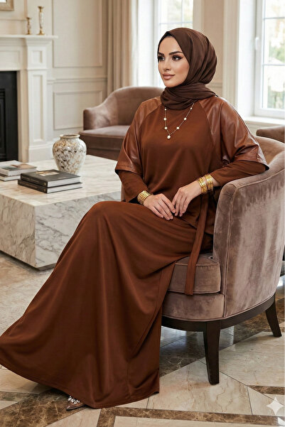 modamira Kadın Kristal Kahverengi Pamuklu Kumaş Deri Detaylı Pelerinli Genç Anne Boydan Tesettür Elbise