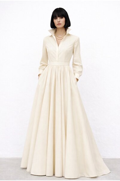 UNTIMELY فستان قميص طويل من التفتا من إكرو