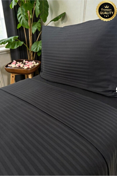 VESSİNOHOME Set de lenjerie de pat din satin de bumbac cu dungi regale, cu cearșaf elastic, culoare albă de hotel, lux din bumbac