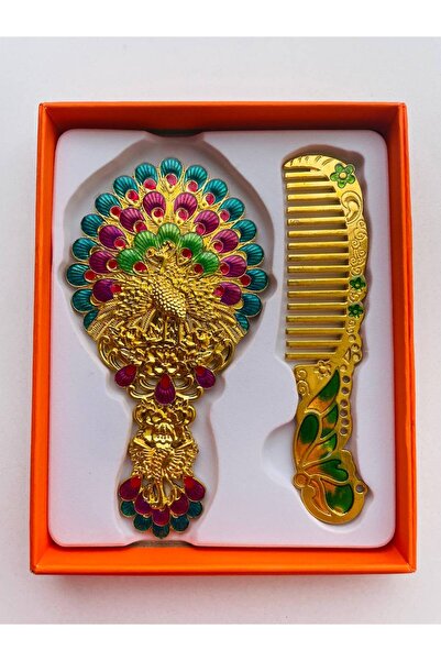 GALATA GIFT مجموعة مشط مرآة للهدايا، طراز طاووس، معدنية، 1