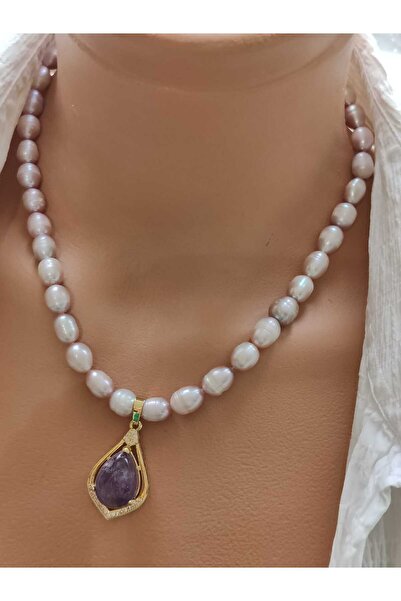 elinasaccessories Çoklu lavanta inci dogaltas kolye el yapımı tasarım kolye a...