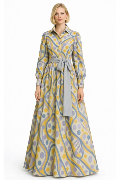 MERT ERKAN فستان قميص طويل من الحرير المزخرف/التفتا بنمط مختلط