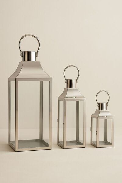 MİEN MARKA Üçlü Çelik Mumluk Kandil Fener Şamdan 50*20---40*15---30*10 boyut