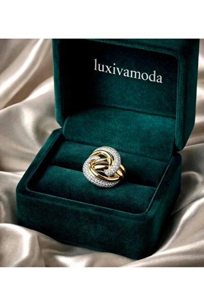 Luxiva Düğümlü Formlu Zirkon Taşlı Altın Kaplama Özel Tasarım lüks Yüzük