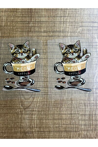 Gönülden Tasarım 7X5 2 BUC. FIER DE FIERDĂ ADESIVĂ CAT COFFEE CAT EMBLEMA APPLICĂȚIE DE IMPRIMARE TRAANSFER