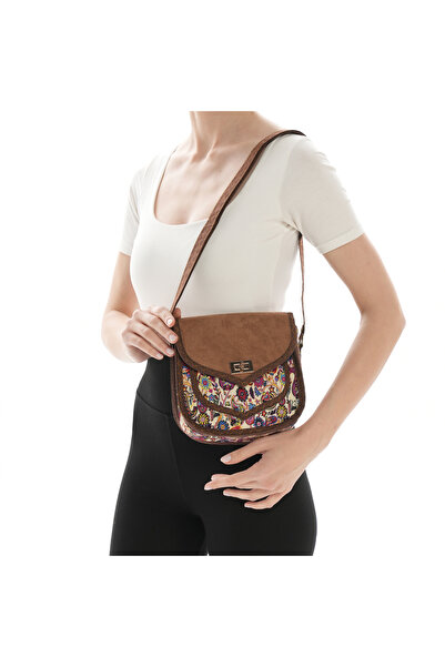 MissBag Kadın El Yapımı Etnik Desenli Kilit Kapama Küçük Boy Askılı Kahve Mor...