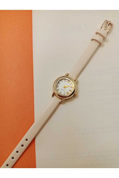 QUARTZ Retro Minimal Vintage Beige Color Cord Women's Wristwatch Gold Case