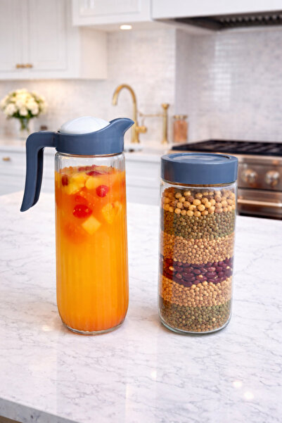 abenim Mavi Kapaklı Cam Sürahi ve Erzak Saklama Kabı 1500 Cc (2'li)