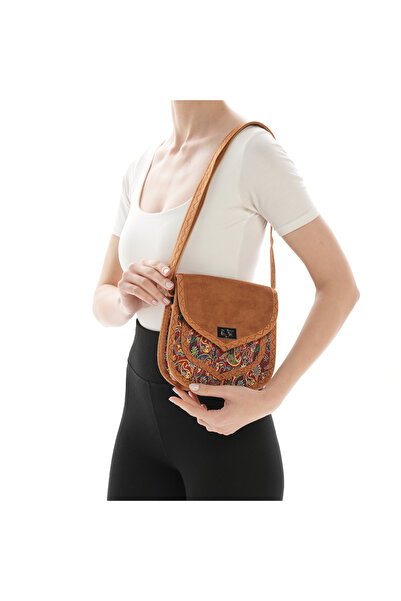 ÇANTA Kadın El Yapımı Etnik Desenli Kilit Kapama Küçük Boy Askılı Taba Kırmız...