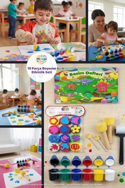 Minopi Parmak Boyası Resim Defteri 12 Li Eva Baskı Ponpon Fırça Sünger Rulo Fırça Set Hobi Etkinlik Set