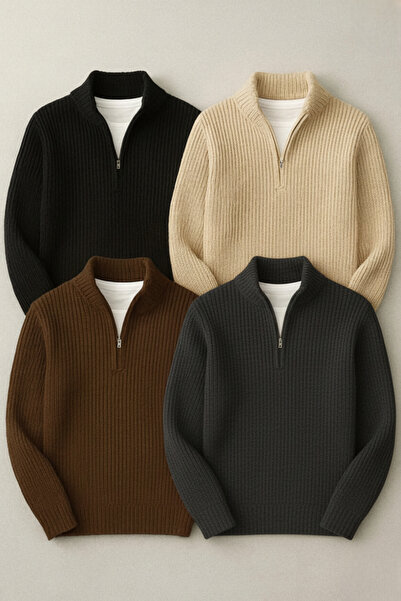 legends butik 4 Adet Erkek Selanik Örgü Yarım Fermuarlı Kalın Kışlık Triko Kazak Seti Füme Kahverengi Bej Siyah