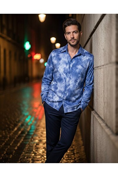 YusGos Uzun Kollu Pamuklu Yıkama Desenli Regular Fit Erkek Gömlek
