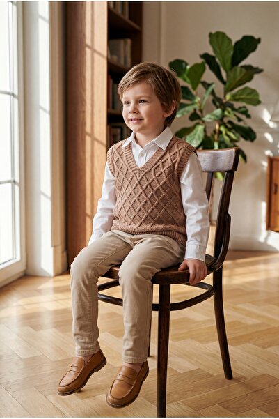 Babily Erkek Bebek Triko Süveter V Yaka Baklava Desenli Örgü