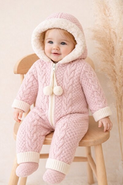 Superbaby Thick knitted pink jumpsuit with hood for girls – winter model