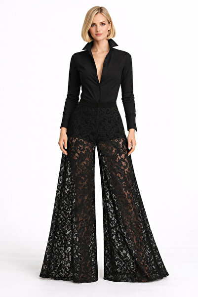 MERT ERKAN Yüksek Bel & Geniş Paçalı Siyah Kordoneli Dantel Pantolon (Transpa...