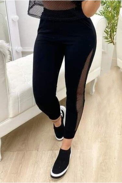 JANES Γυναικείο παντελόνι με λεπτομέρεια από διχτυωτό ύφασμα με λεπτή εφαρμογ...