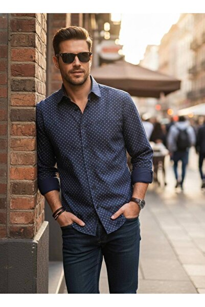 YusGos Long Sleeve Crisp Dot Pattern Cotton Regular Fit Men's Shirt