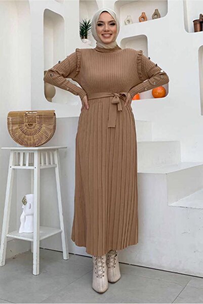 TRENDTESETTÜR KADIN TABA PİLELİ FIRFIRLI TRİKO ELBİSE T 40222