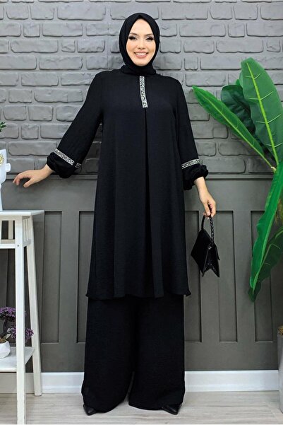 TRENDTESETTÜR KADIN SİYAH TAŞLI PANTOLONLU TAKIM T 4648