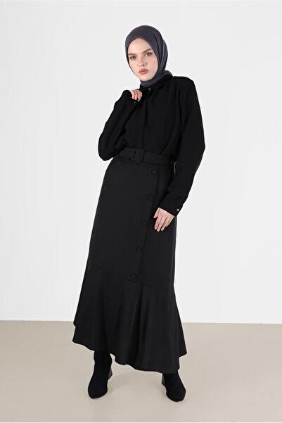 TRENDTESETTÜR KADIN SİYAH ASİMETRİK KESİM VOLANLI KEMERLİ ETEK 60002