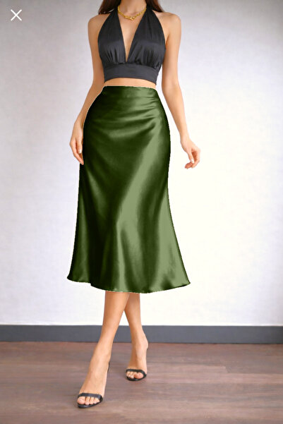 Kahra Collection Fusta elegantă din satin, verde kaki, lungime midi