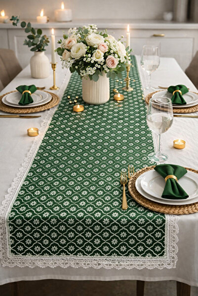 Rona Home Green Lace Edged Table Runner – Luxurious Patterned Living Room and Kitchen Tablecloth