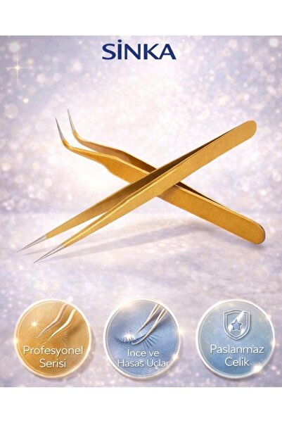 SİNKA Profesyonel Ipek Kirpik Ve Epilasyon Cımbızı 2'li Set Düz Ve Kavisli Gold